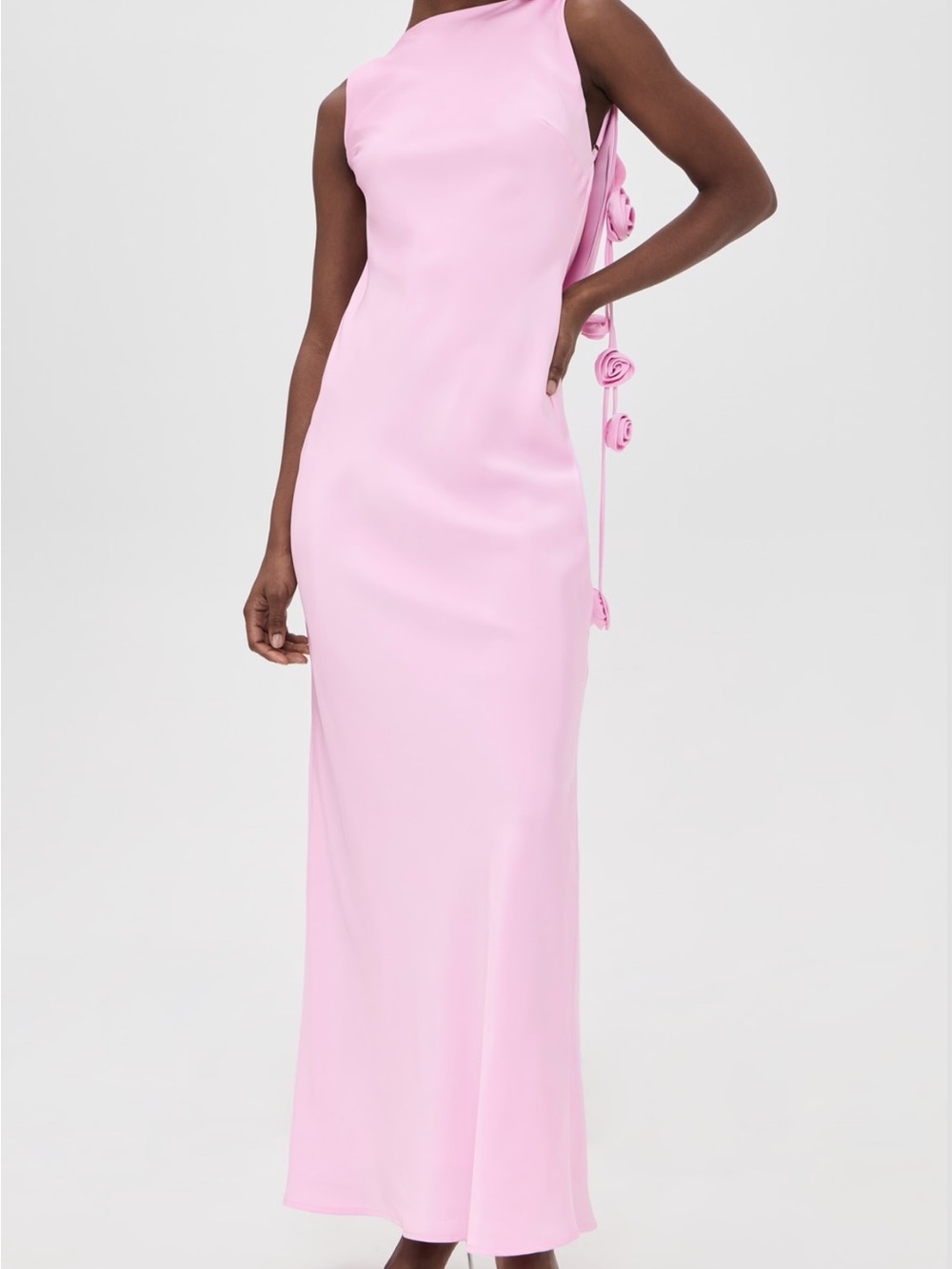 Rosette-Back Pink Maxi Dress with Sleek Silhouette